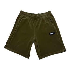 Puma Olive Green Shorts | Terry Cloth Drawstring Waist With Pockets - Size XL
